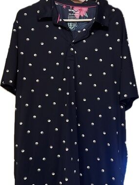 Birdie Bound Men’s Performance Golf Polo 2XL Navy White Polka Dot Stretch Shirt